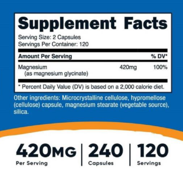 Magnesium Glycinate 240 Cap. - Nutricost Sabor Sin Sabor